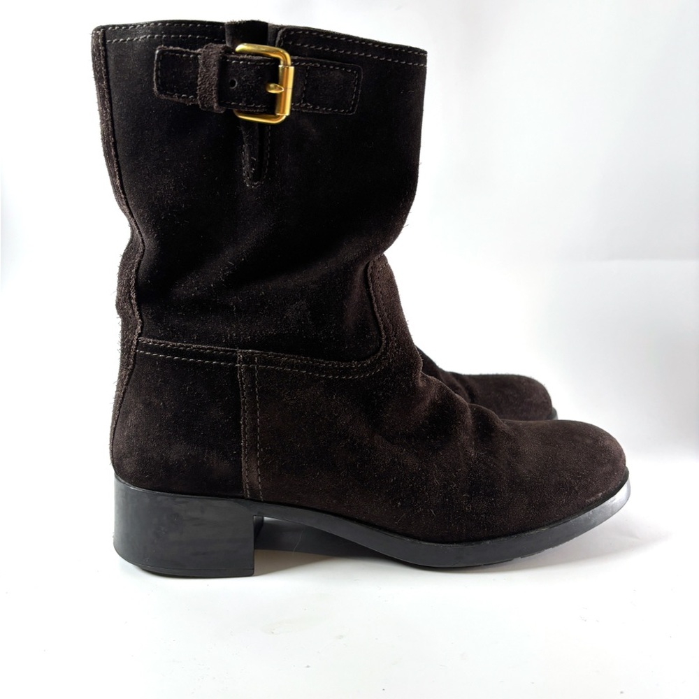 Prada Vintage Brown Suede Ankle Boots with Gold Buckle | Made in Italy